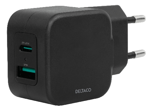 Vår USB-vegglader kommer med doble porter - USB-A og USB-C strømforsyning 20 W.
