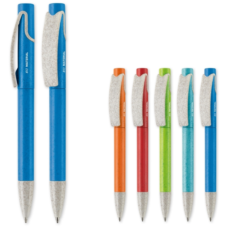 Elegant kulepenn laget av 60 % hvete og 40 % ABS-plast. Med en solid 
klips for optimal utskrift. Utstyrt med blått skriveblekk.